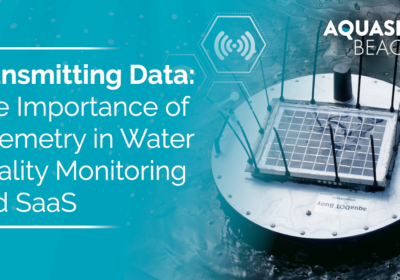 Graphic of Aquasend Beacon in water with text that says "Transmitting Data: The Importance of Telemetry in Water Quality Monitoring and SaaS"