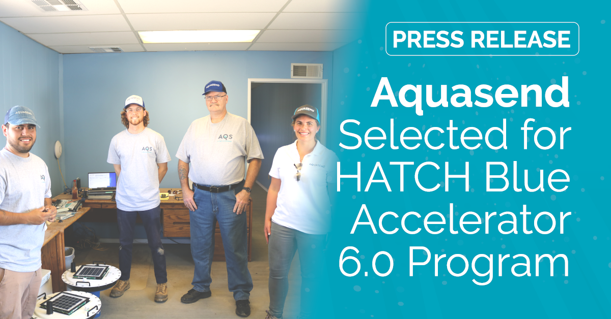 Graphic of Aquasend employees standing around three beacons with "Aquasend Selected for HATCH Blue Accelerator 6.0 Program" in white text