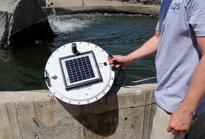 Man holding Aquasend Beacon above water